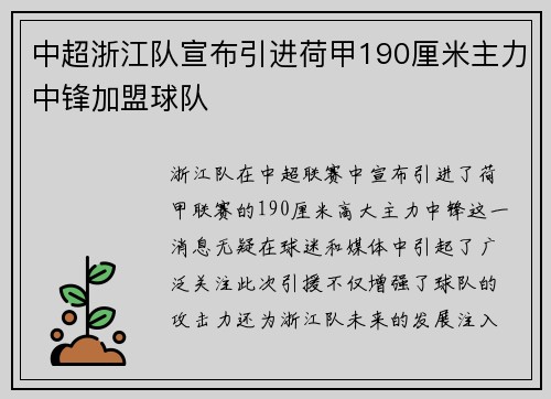 中超浙江队宣布引进荷甲190厘米主力中锋加盟球队