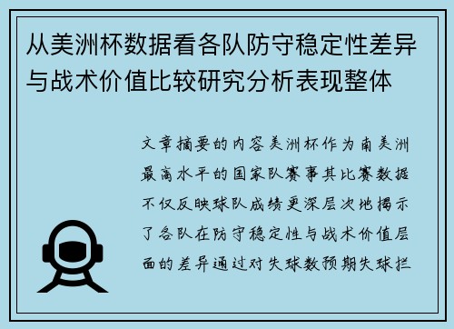 从美洲杯数据看各队防守稳定性差异与战术价值比较研究分析表现整体 从美洲杯数据看各队防守稳定性差异与战术价值比较研究分析表现整体