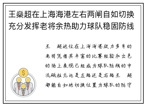 王燊超在上海海港左右两闸自如切换充分发挥老将余热助力球队稳固防线 王燊超在上海海港左右两闸自如切换充分发挥老将余热助力球队稳固防线