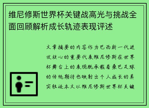 维尼修斯世界杯关键战高光与挑战全面回顾解析成长轨迹表现评述 维尼修斯世界杯关键战高光与挑战全面回顾解析成长轨迹表现评述