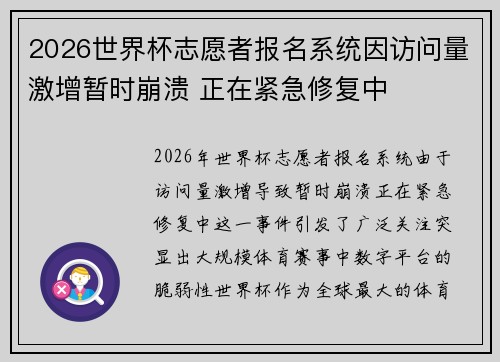 2026世界杯志愿者报名系统因访问量激增暂时崩溃 正在紧急修复中